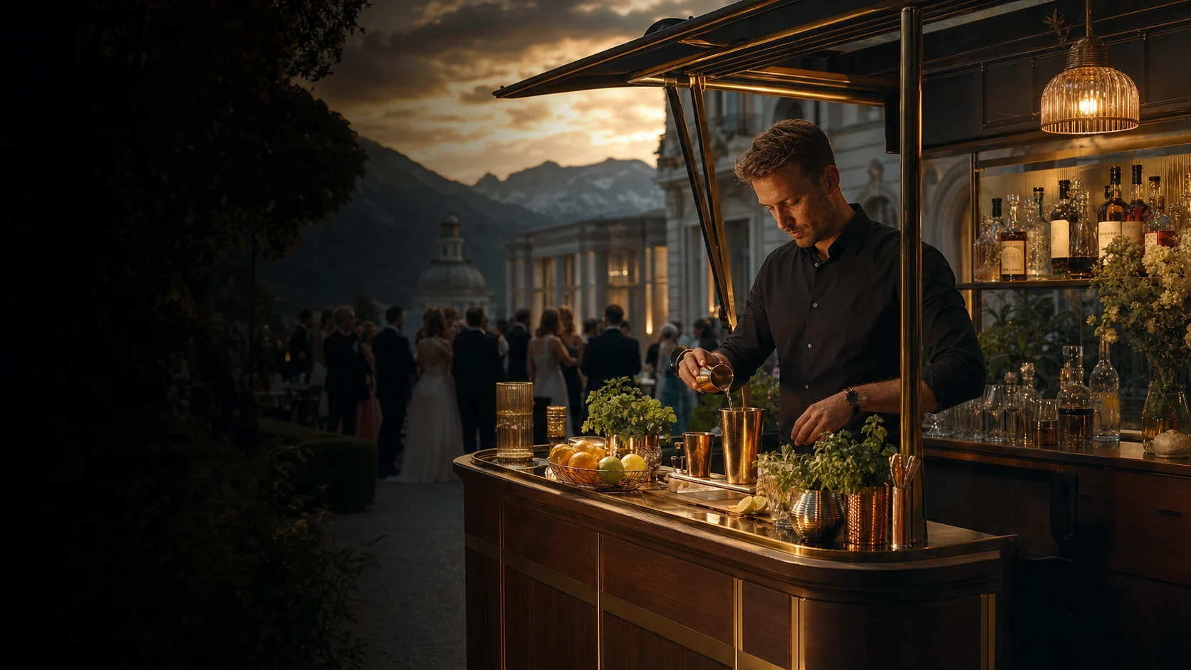 Mobile Cocktailbar bei einer eleganten Hochzeit in Österreich